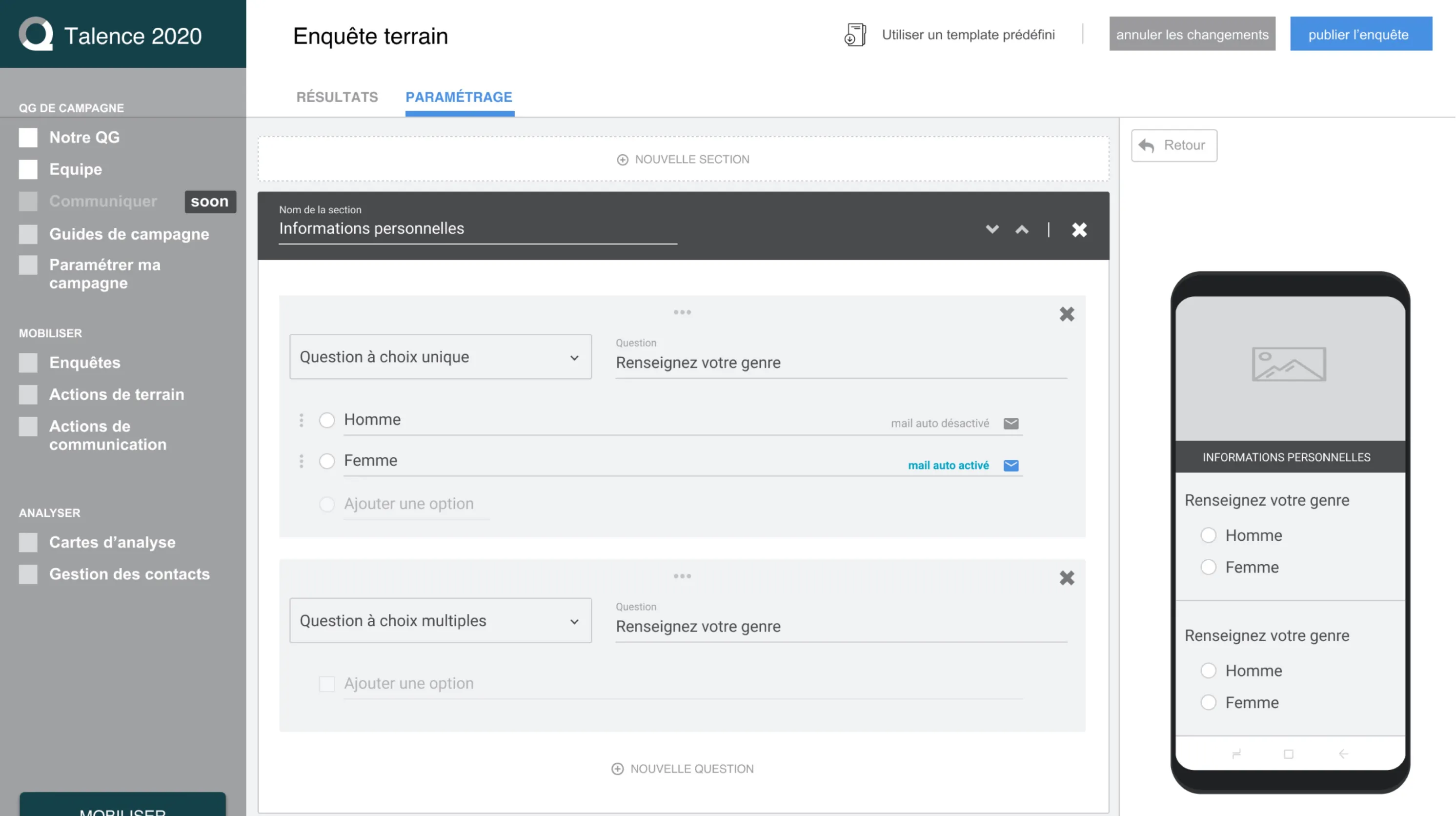 The wireframe's formbuilder of the Qomon web application